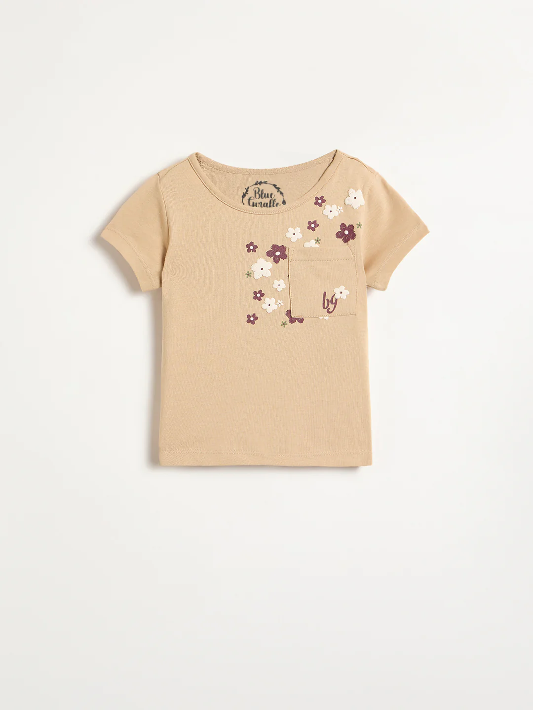 Blue Giraffe Girls Beige Embroidered Regular Fit Pure Cotton T-Shirt - Image 2