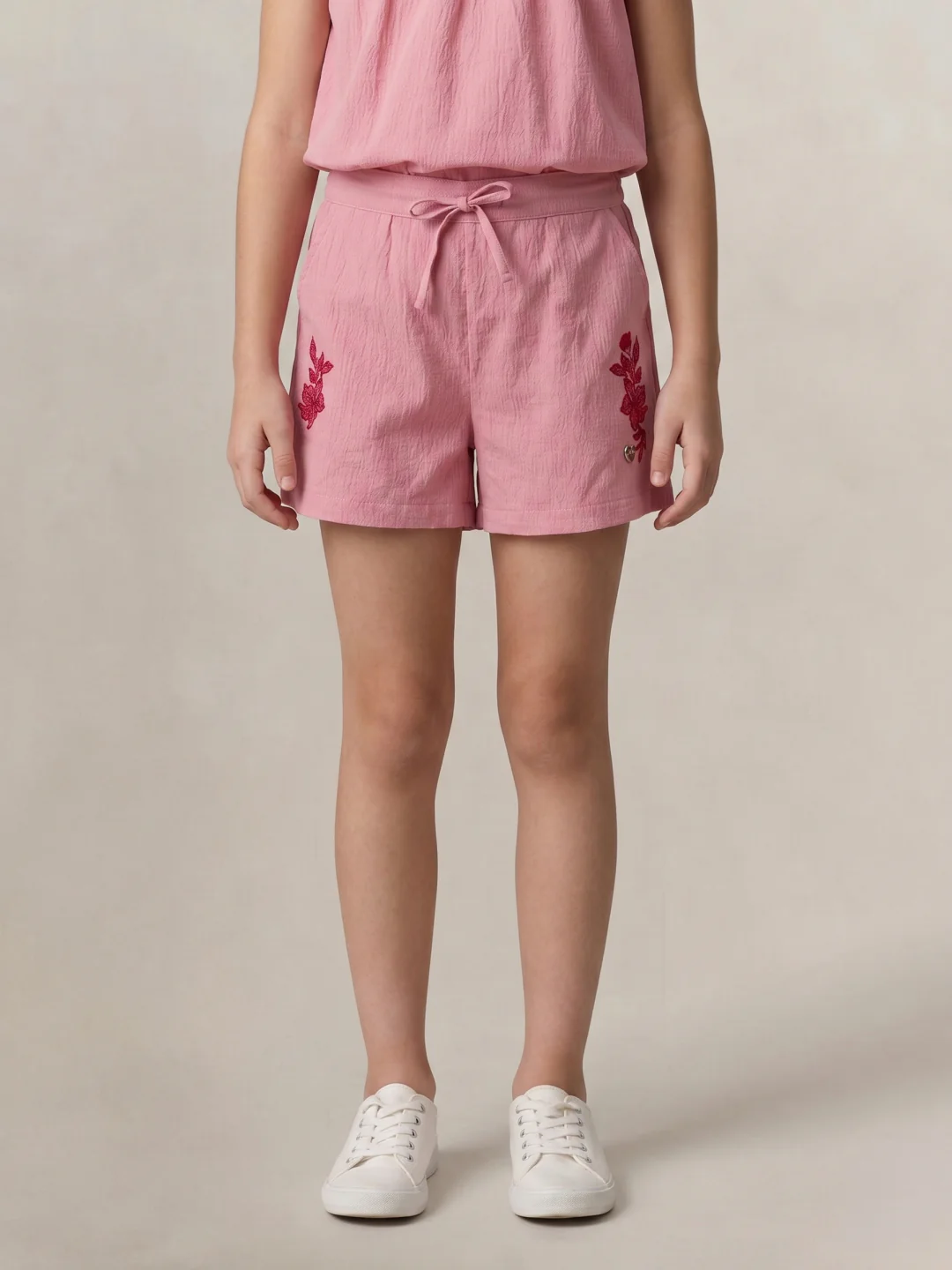 Blue Giraffe Girls Pink Embroidered Regular Fit Shorts - Image 2