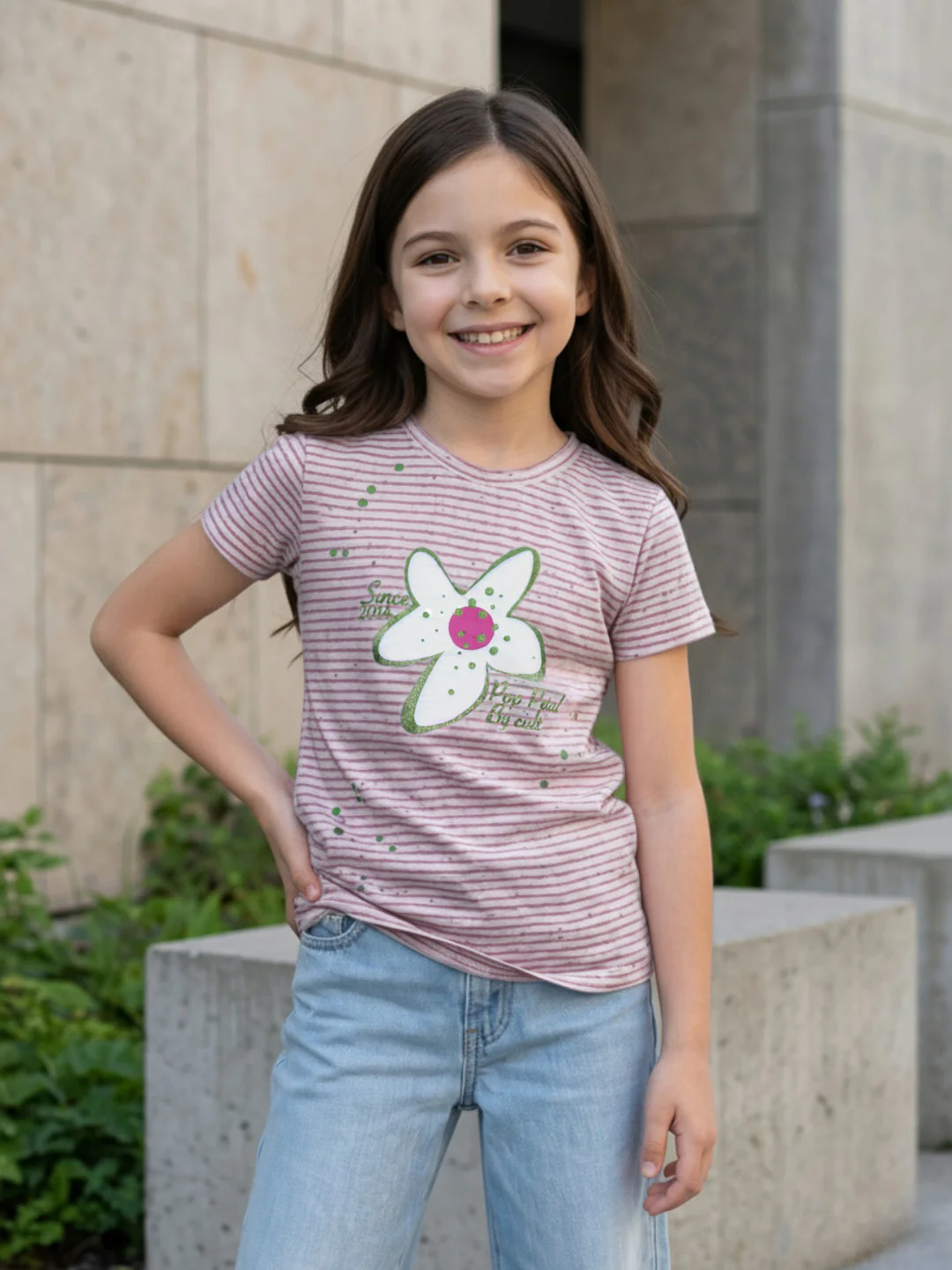 Blue Giraffe Pink Stripes Girls T Shirt