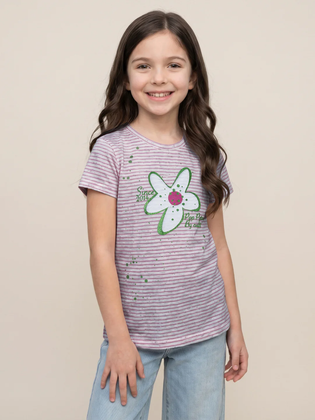 Blue Giraffe Pink Stripes Girls T Shirt - Image 2