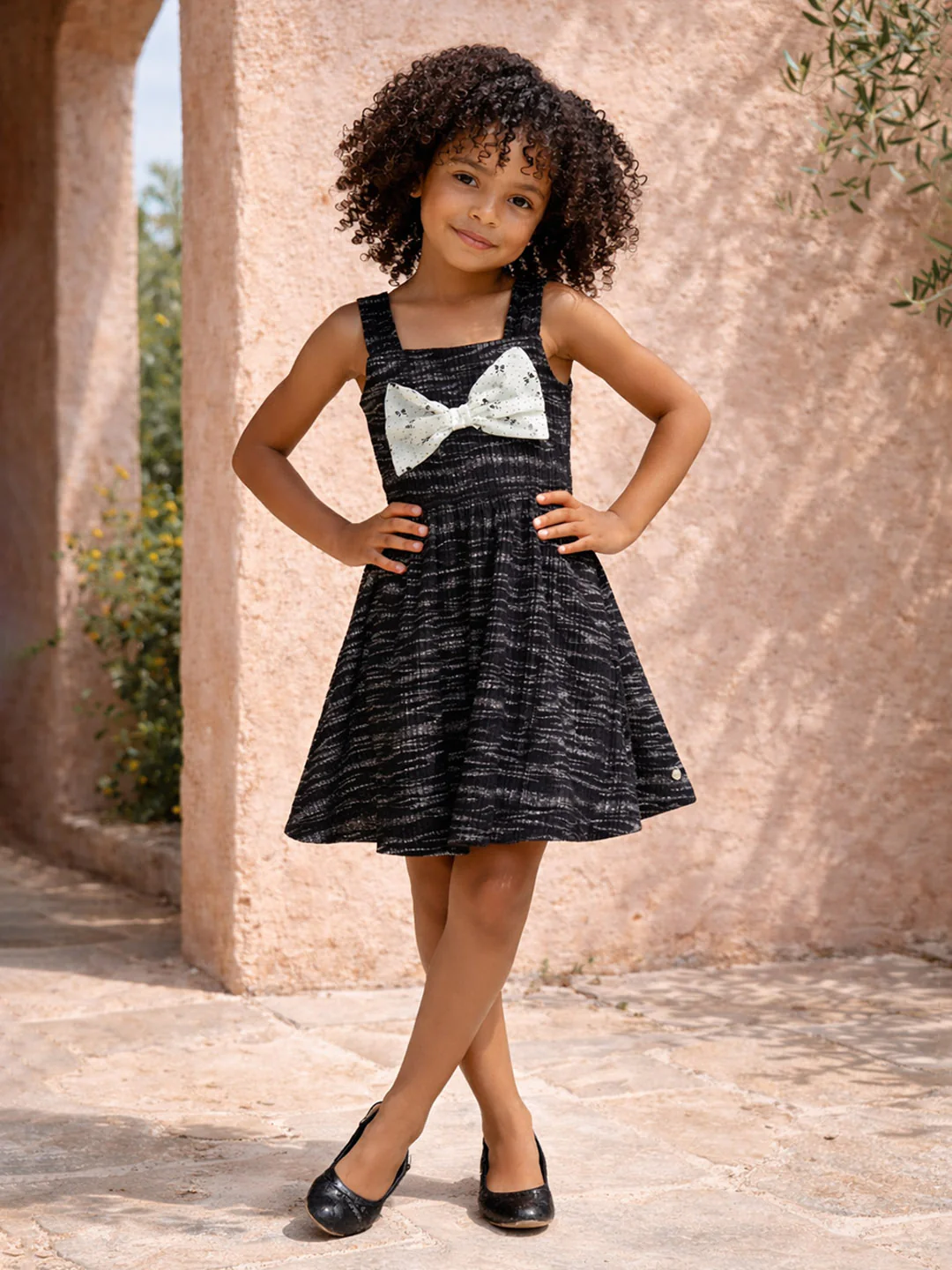 Blue Giraffe Girls Black Striped Fit & Flared Dress