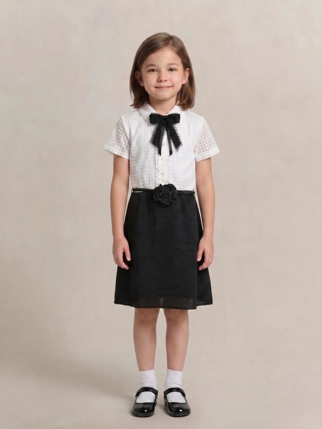 Blue Giraffe Girls White & Black Textured Fit & Flare Dress - Image 2