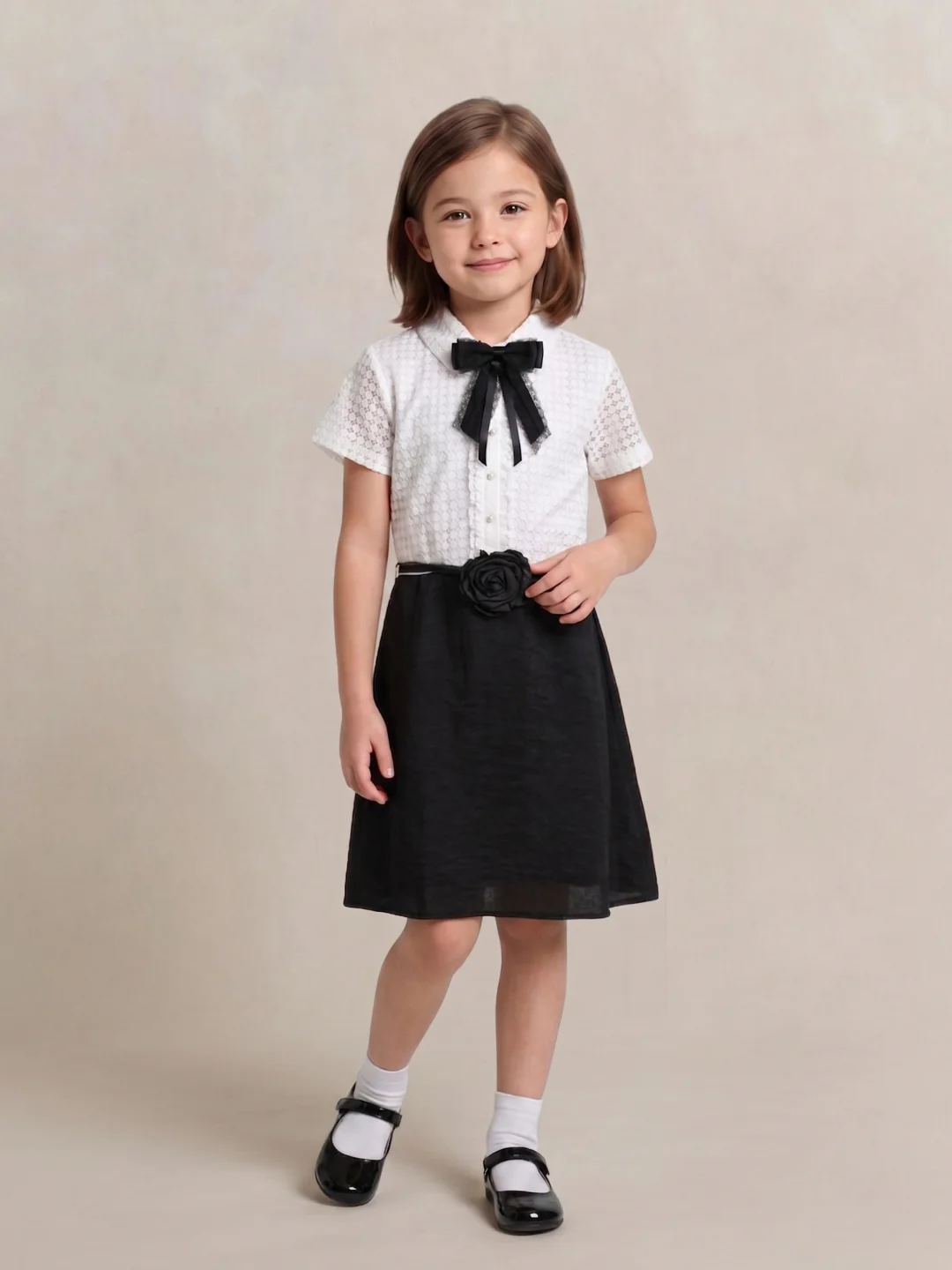 Blue Giraffe Girls White & Black Textured Fit & Flare Dress - Image 5
