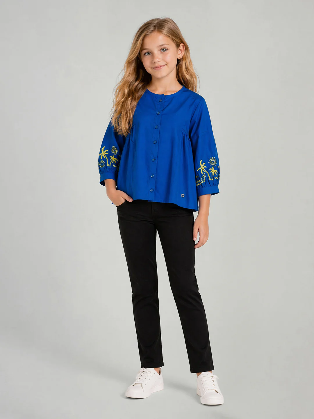 Blue Giraffe Girls Blue Embroidered Fit & Gathered Pure Cotton Top - Image 5