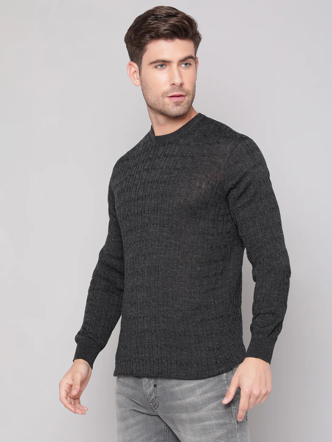 Bruun & Stengade Men Grey Solid Round Neck Sweater - Image 2