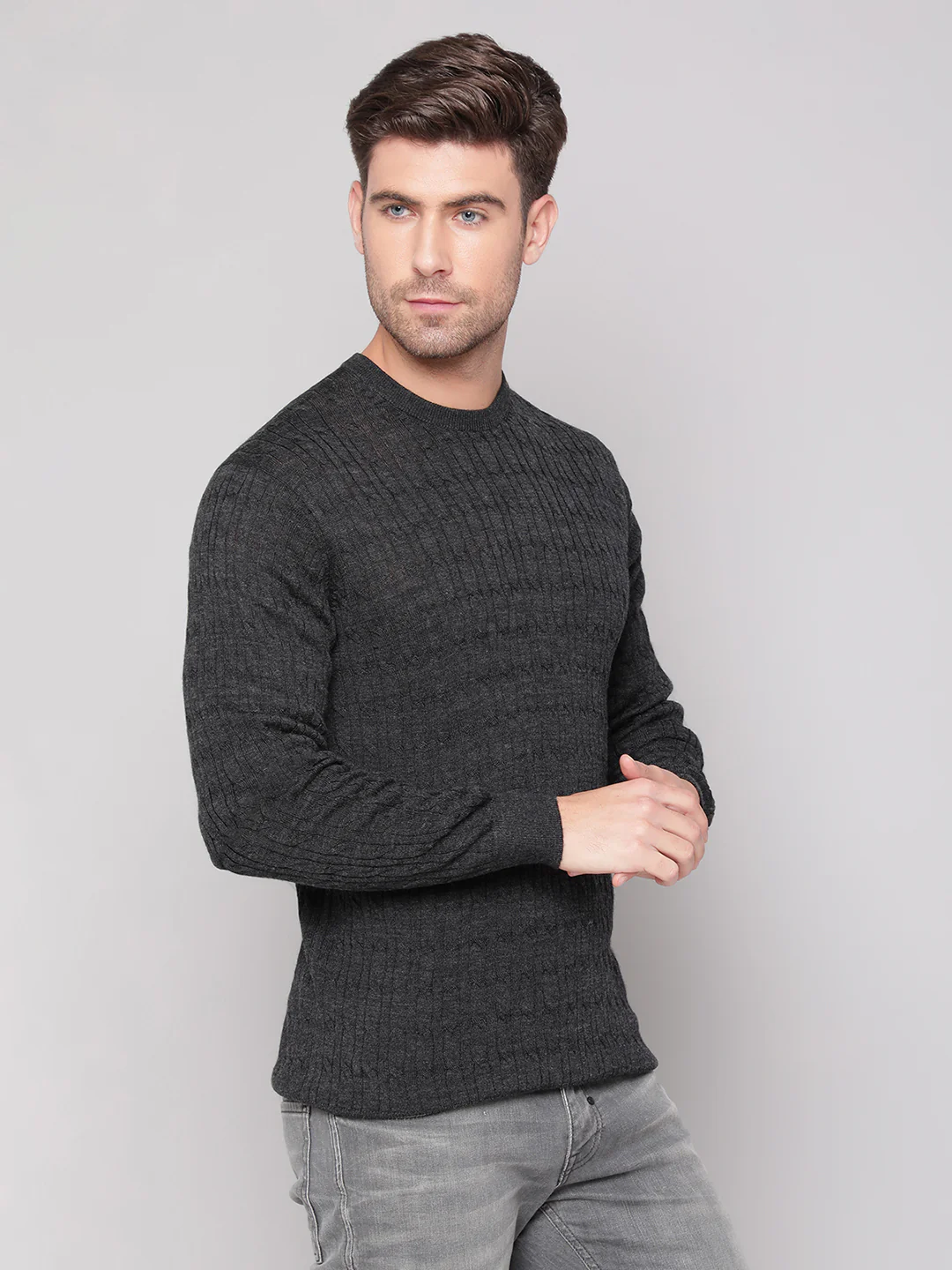 Bruun & Stengade Men Grey Solid Round Neck Sweater - Image 3