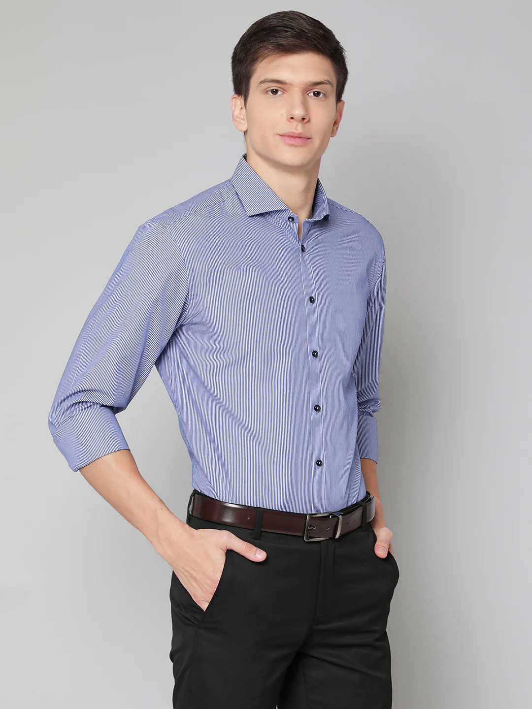 Bruun & Stengade Men Blue Striped Cutaway Collar Shirt - Image 4