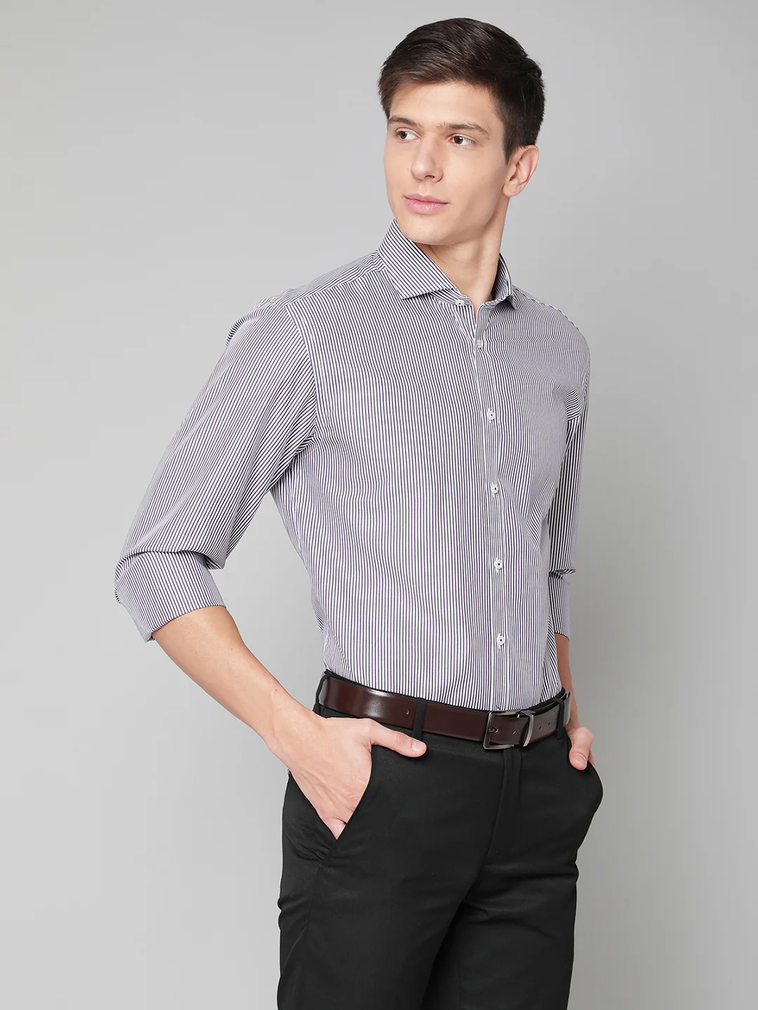 Bruun & Stengade Men Purple Striped Cutaway Collar Shirt - Image 3