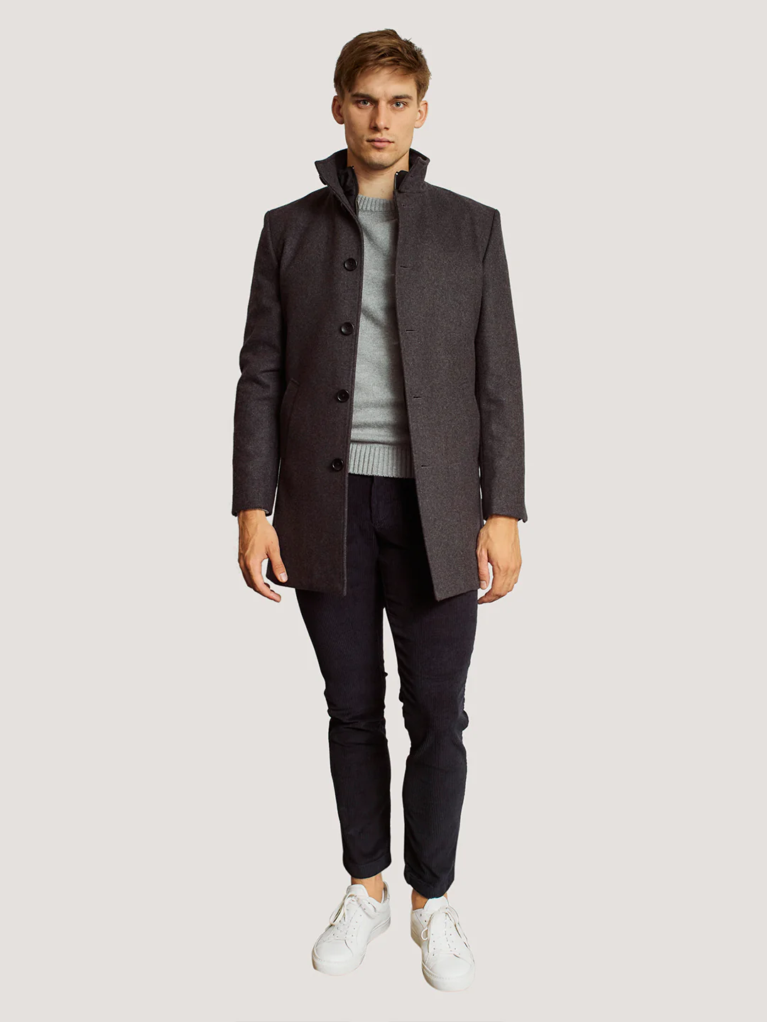 Bruun & Stengade Men Grey Solid Stand Collar Full Sleeves Overcoat - Image 2