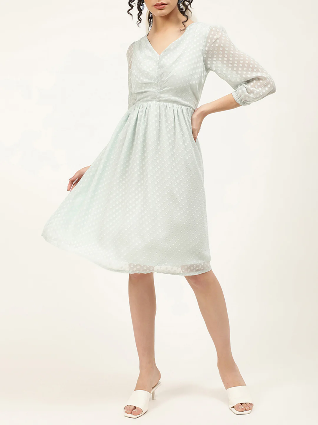 Centre Stage Women Green Self Design V Neck Dress