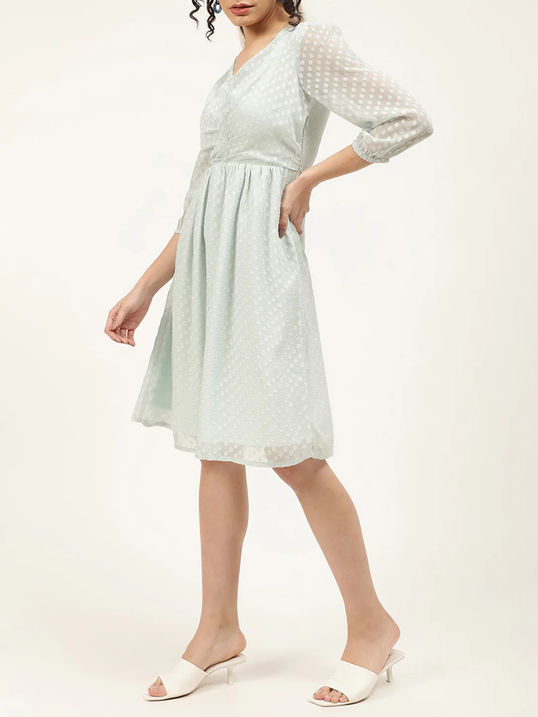 Centre Stage Women Green Self Design V Neck Dress - Image 3