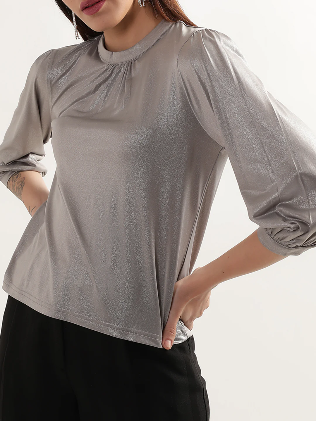 Centre Stage Women Grey Solid Round Neck Top - Image 3