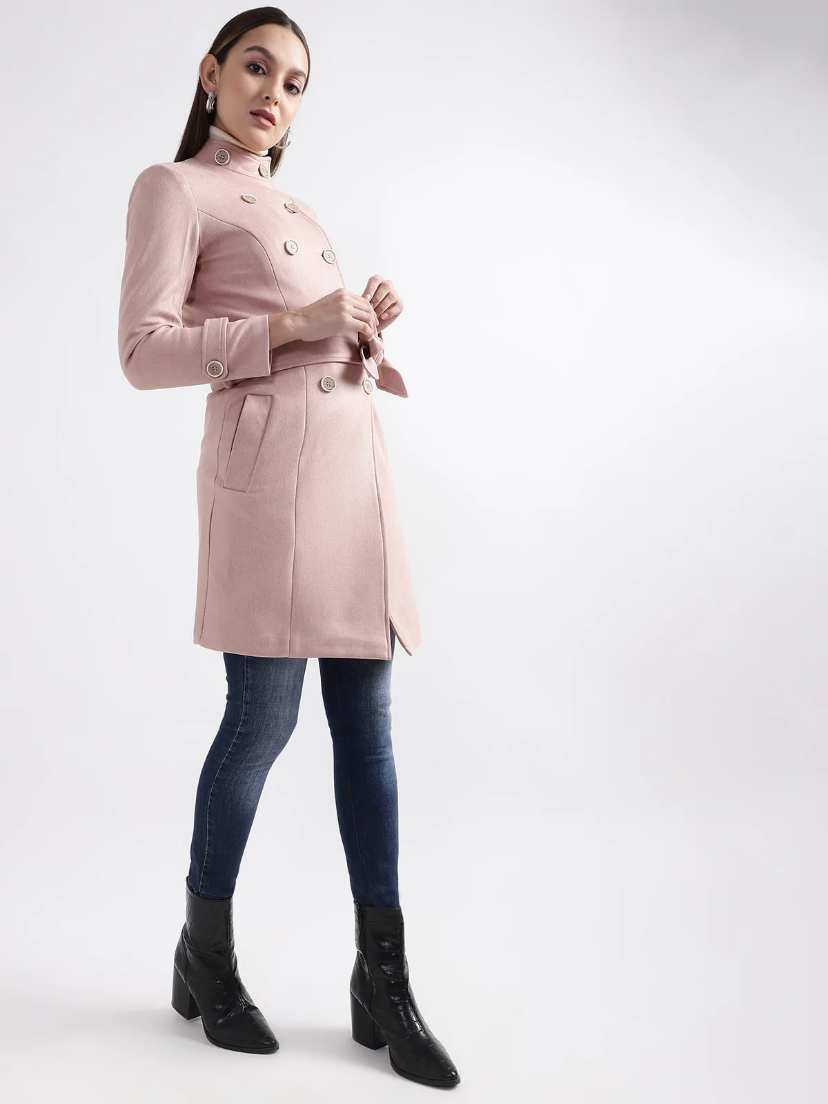 Centre Stage Women Pink Solid Collar Overcoat - Image 3