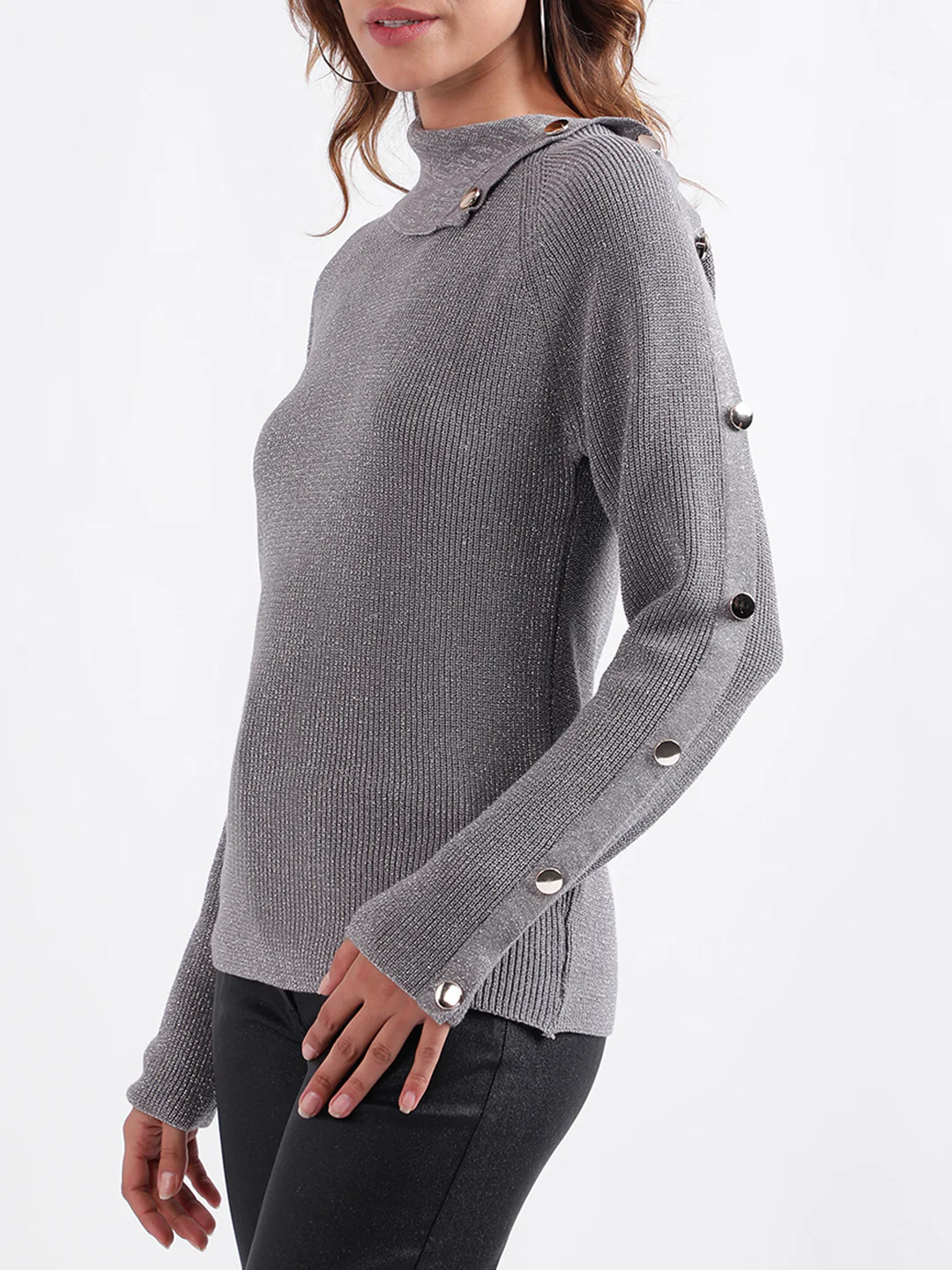 Centre Stage Women Solid Full Sleeves Split Neck Sweater - Image 2