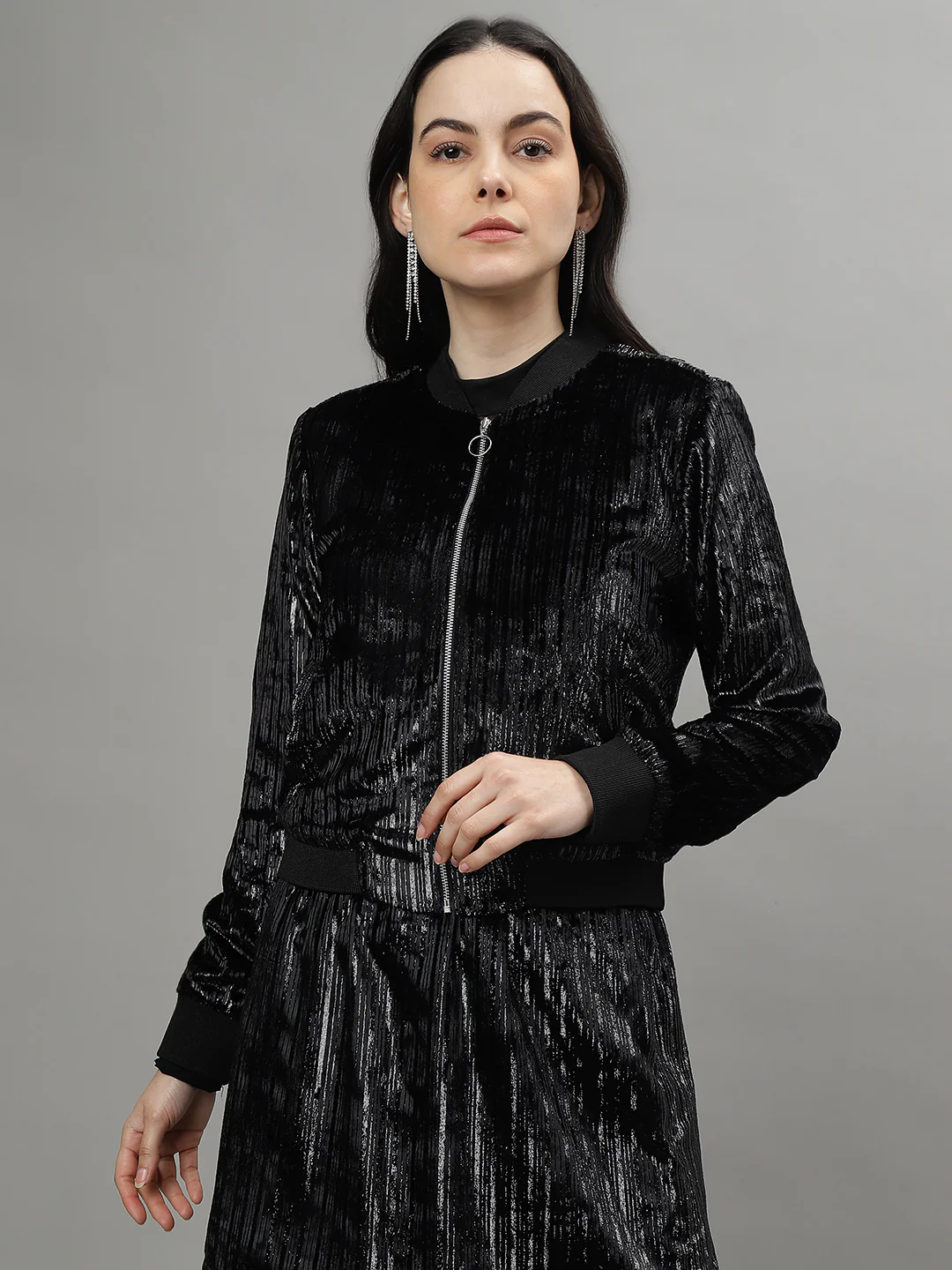 Centre Stage Women Self Design Stand Collar Long Sleeves Crop Jacket - Image 2