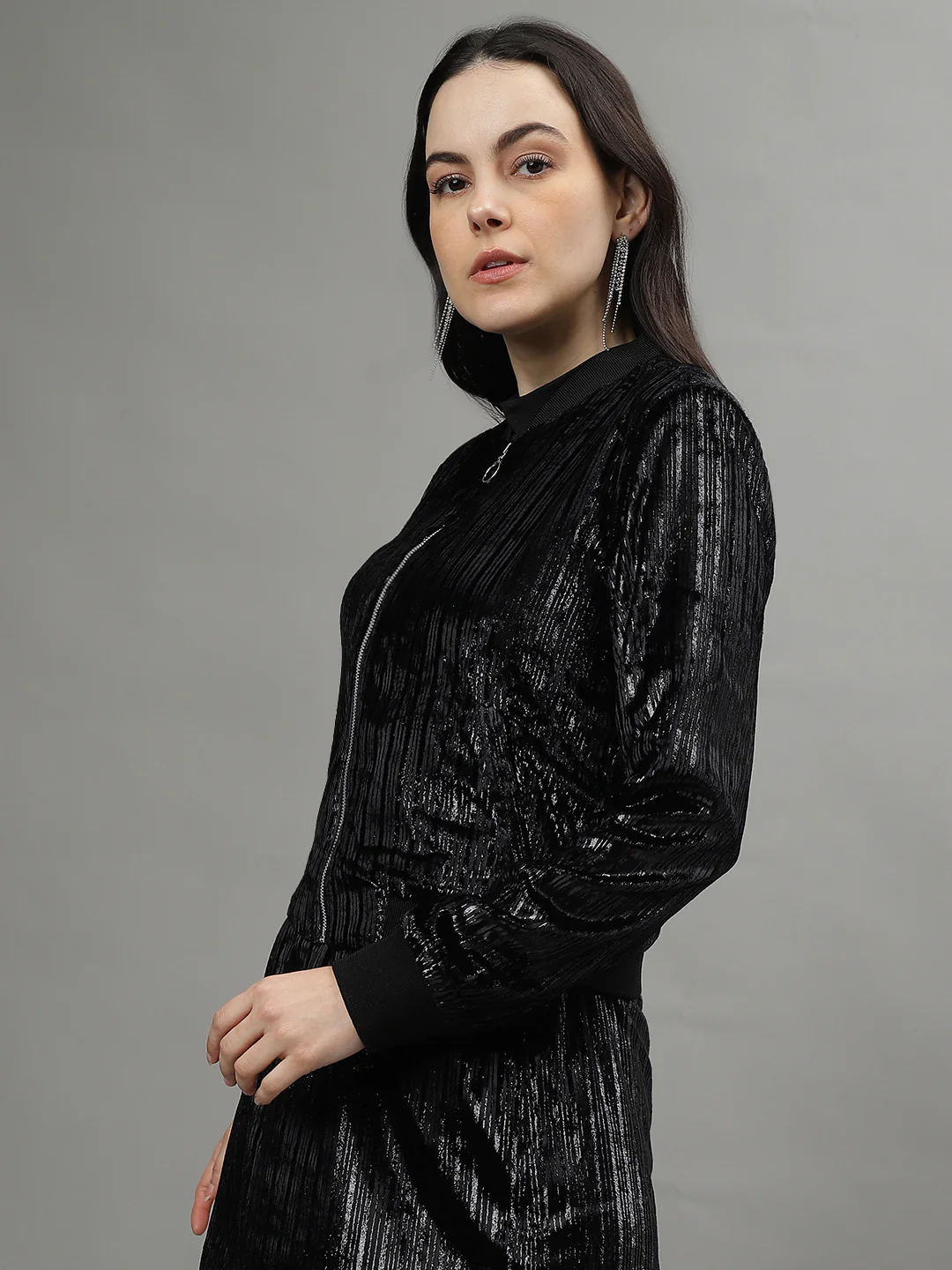 Centre Stage Women Self Design Stand Collar Long Sleeves Crop Jacket - Image 3