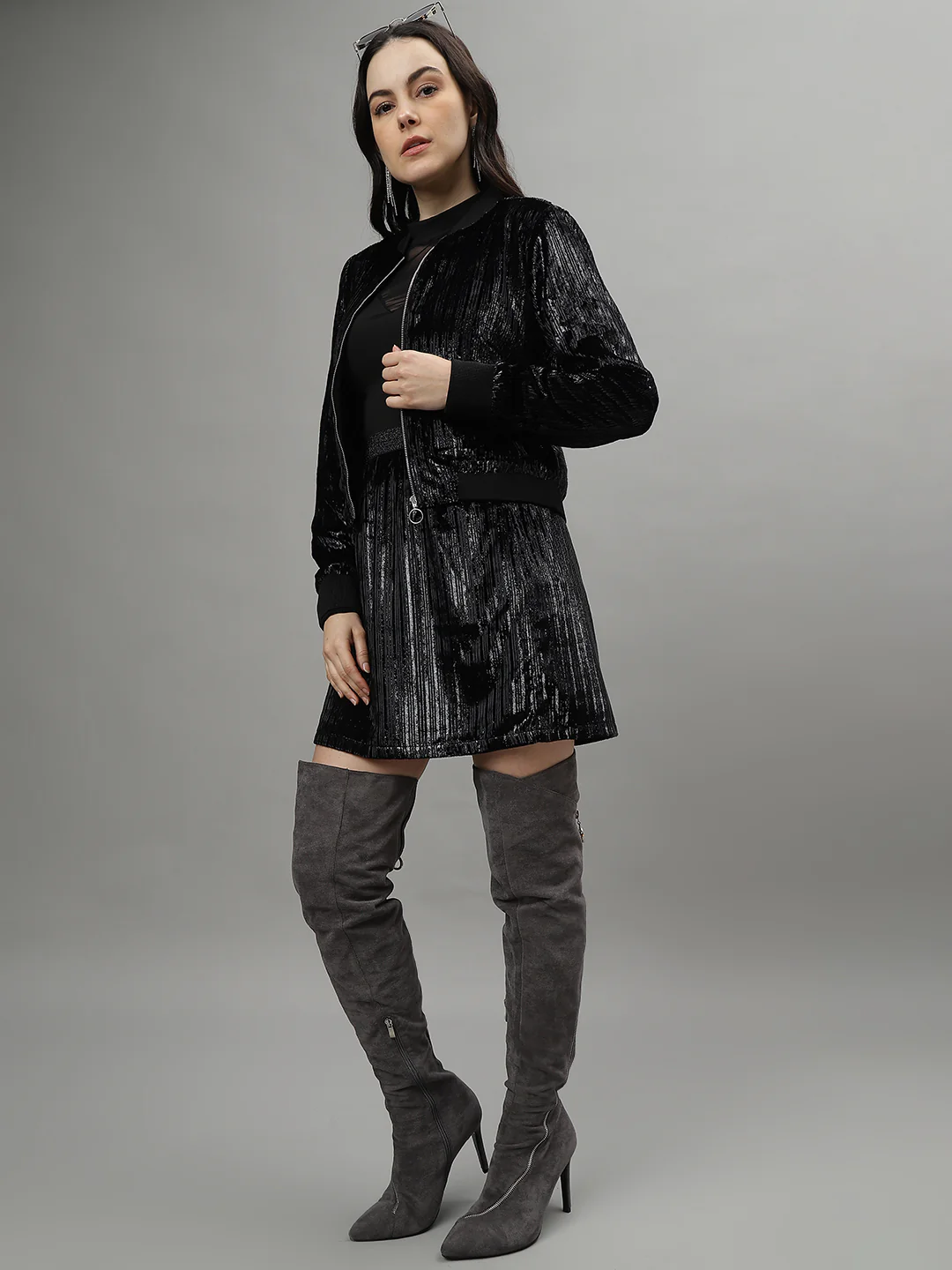 Centre Stage Women Self Design Stand Collar Long Sleeves Crop Jacket - Image 5