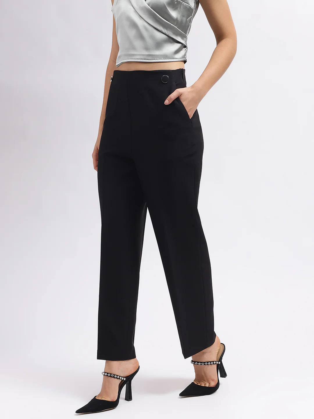 Centre Stage Women Black Solid Flared Mid-Rise Trouser - Image 2