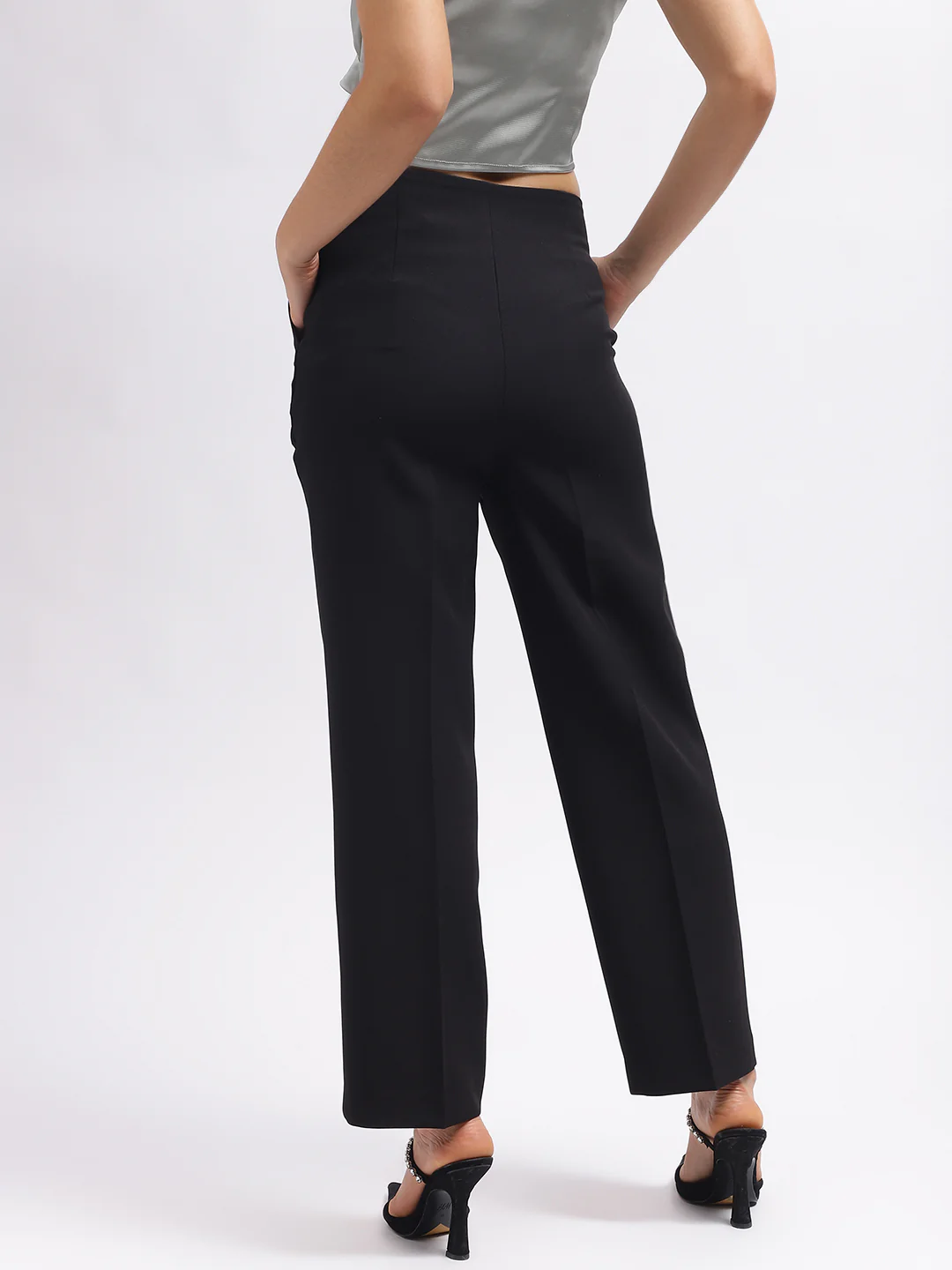 Centre Stage Women Black Solid Flared Mid-Rise Trouser - Image 3