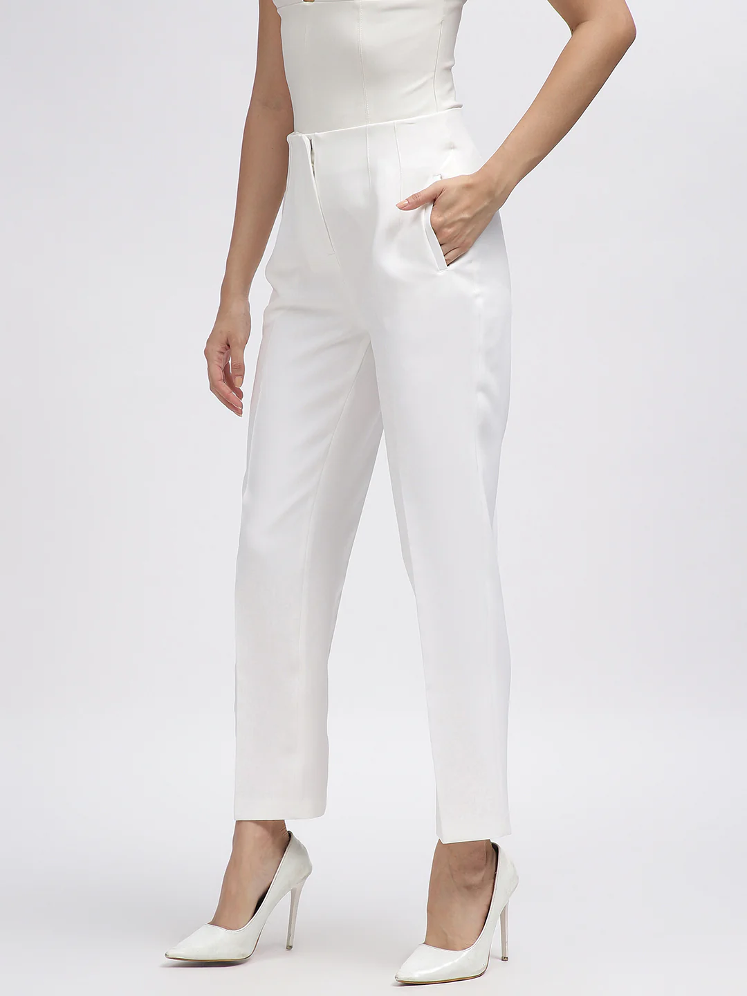 Centre Stage Women White Solid Tapered Fit Trouser - Image 2
