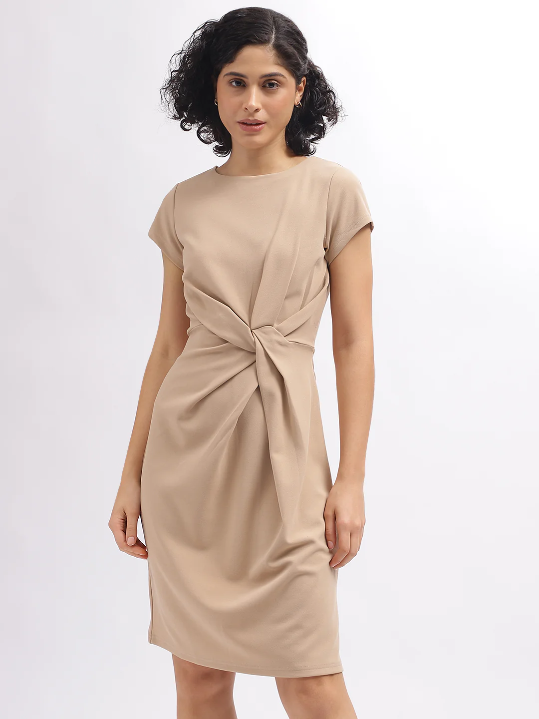 Centre Stage Women Beige Solid Round Neck Short Sleeves Dress - Image 2