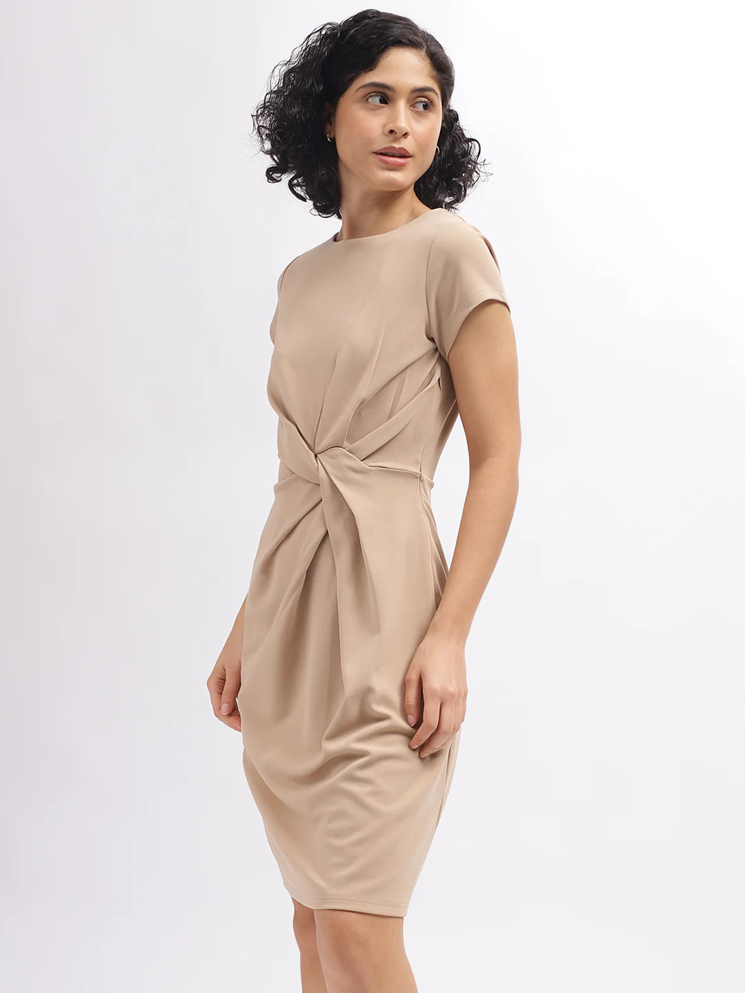 Centre Stage Women Beige Solid Round Neck Short Sleeves Dress - Image 3
