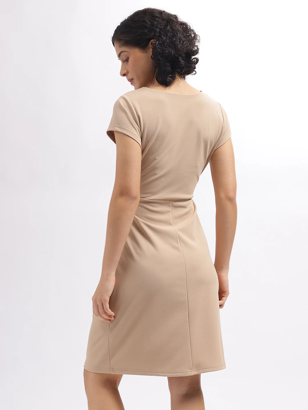 Centre Stage Women Beige Solid Round Neck Short Sleeves Dress - Image 4