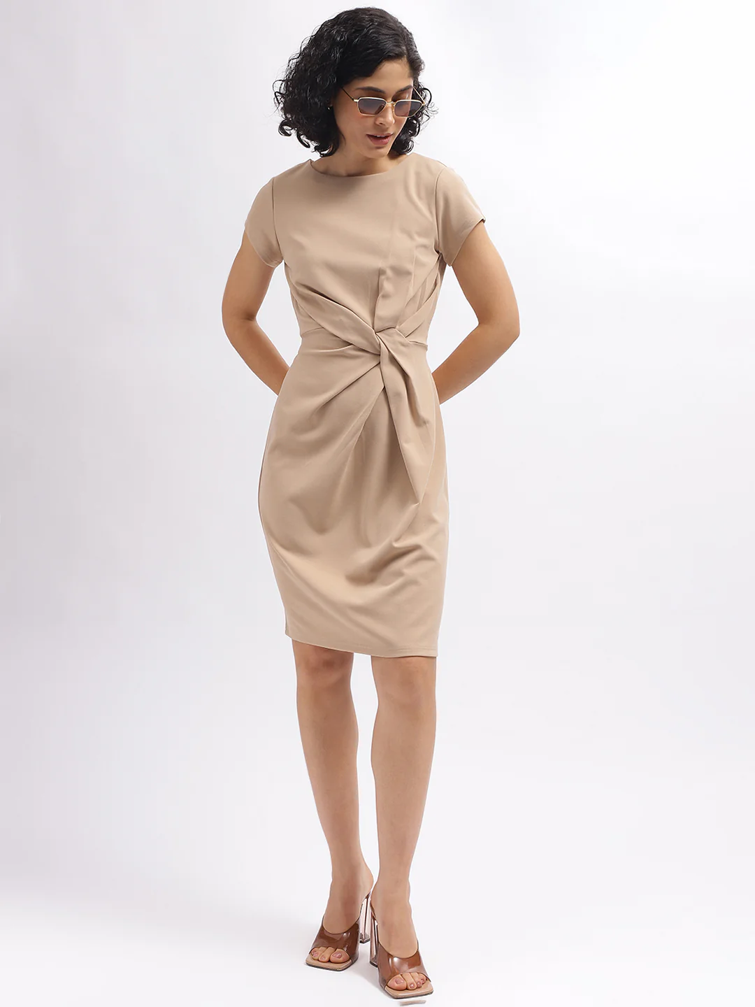 Centre Stage Women Beige Solid Round Neck Short Sleeves Dress - Image 5