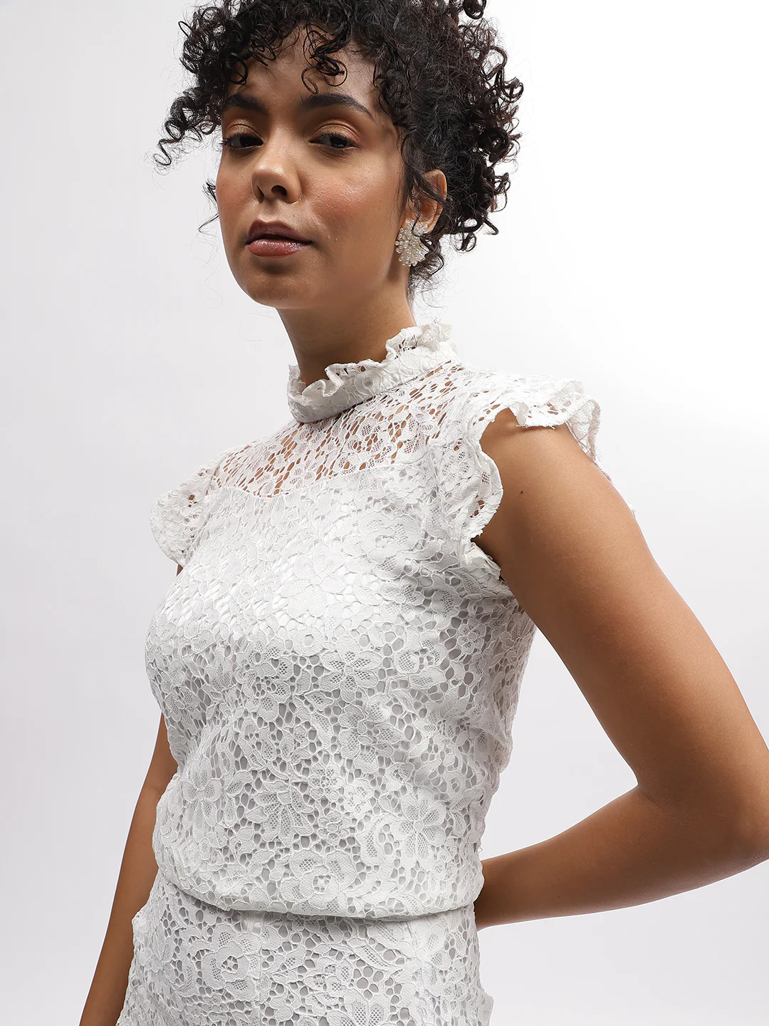 Centre Stage Women White Self-Design Ruffle Neck Short Sleeves Top - Image 2