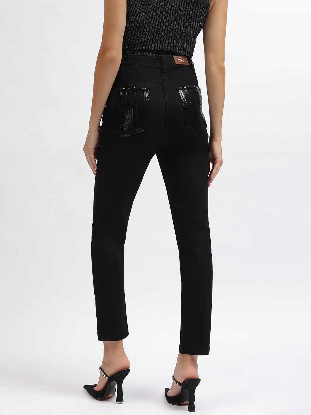 Centre Stage Women Black Embellished Slim Straight Jeans - Image 3