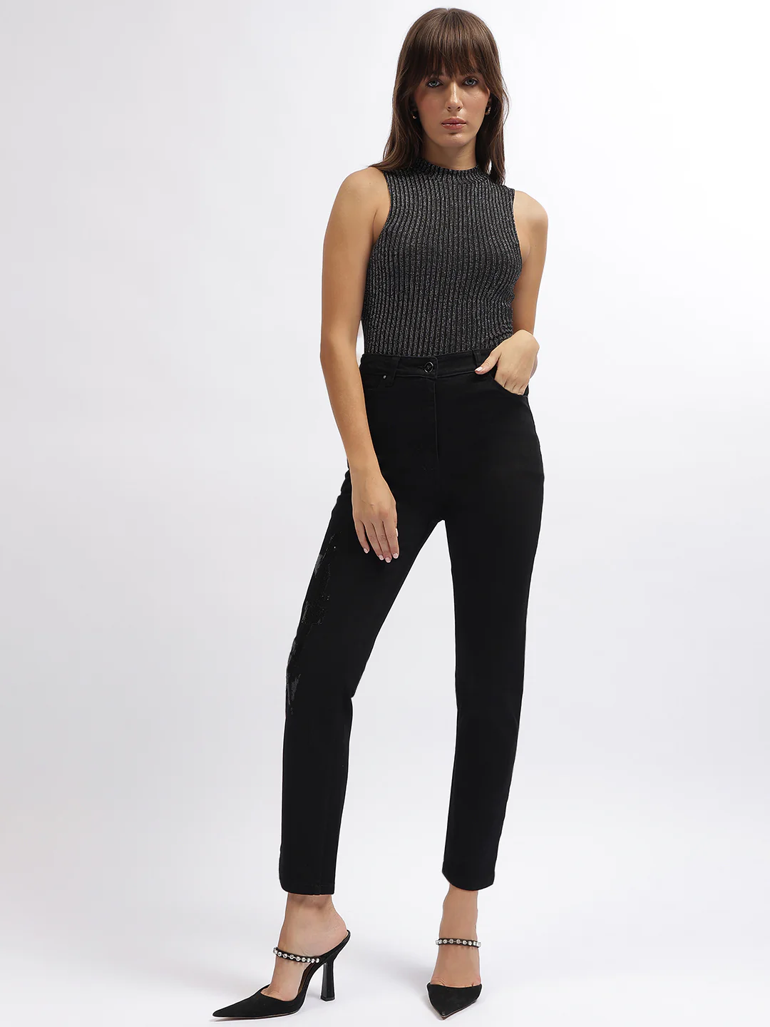 Centre Stage Women Black Embellished Slim Straight Jeans - Image 4