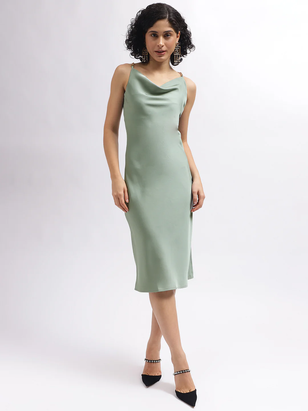 Centre Stage Women Green Solid Cowl Neck Shoulder Straps Dress - Image 2