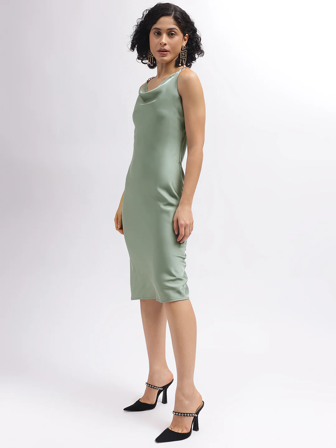Centre Stage Women Green Solid Cowl Neck Shoulder Straps Dress - Image 3