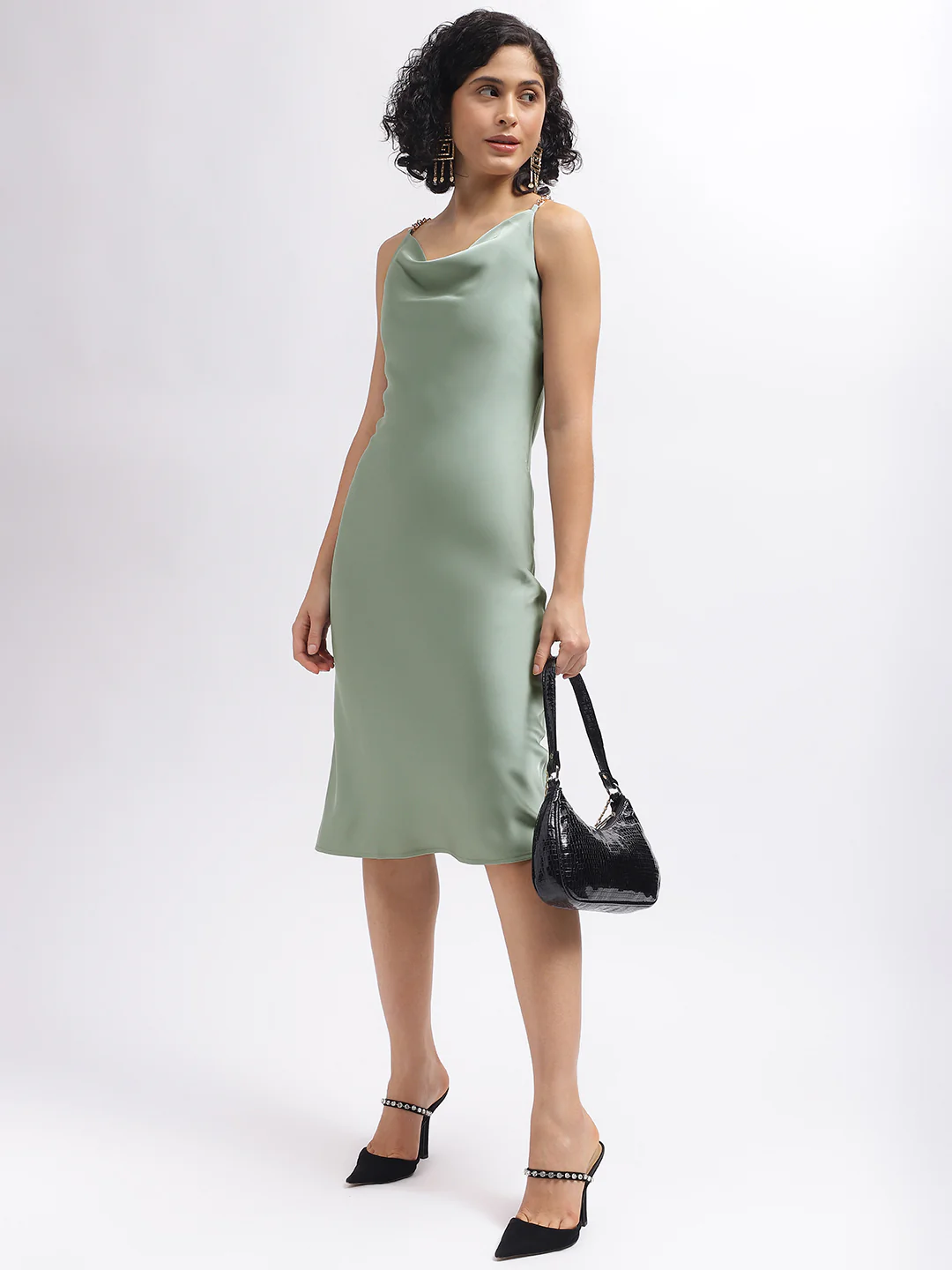 Centre Stage Women Green Solid Cowl Neck Shoulder Straps Dress - Image 5