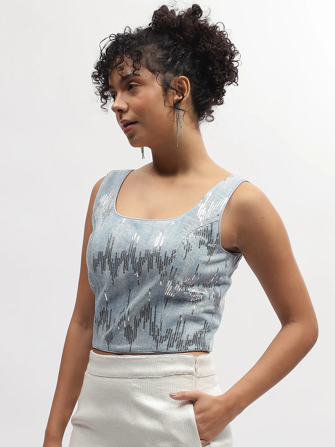 Centre Stage Women Blue Embellished Square Neck Sleeveless Top - Image 3