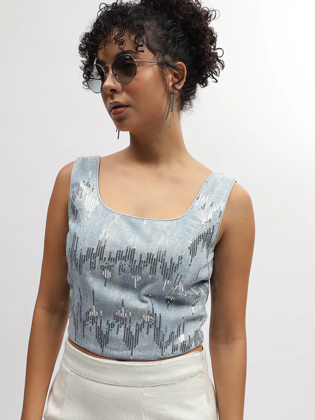 Centre Stage Women Blue Embellished Square Neck Sleeveless Top - Image 6