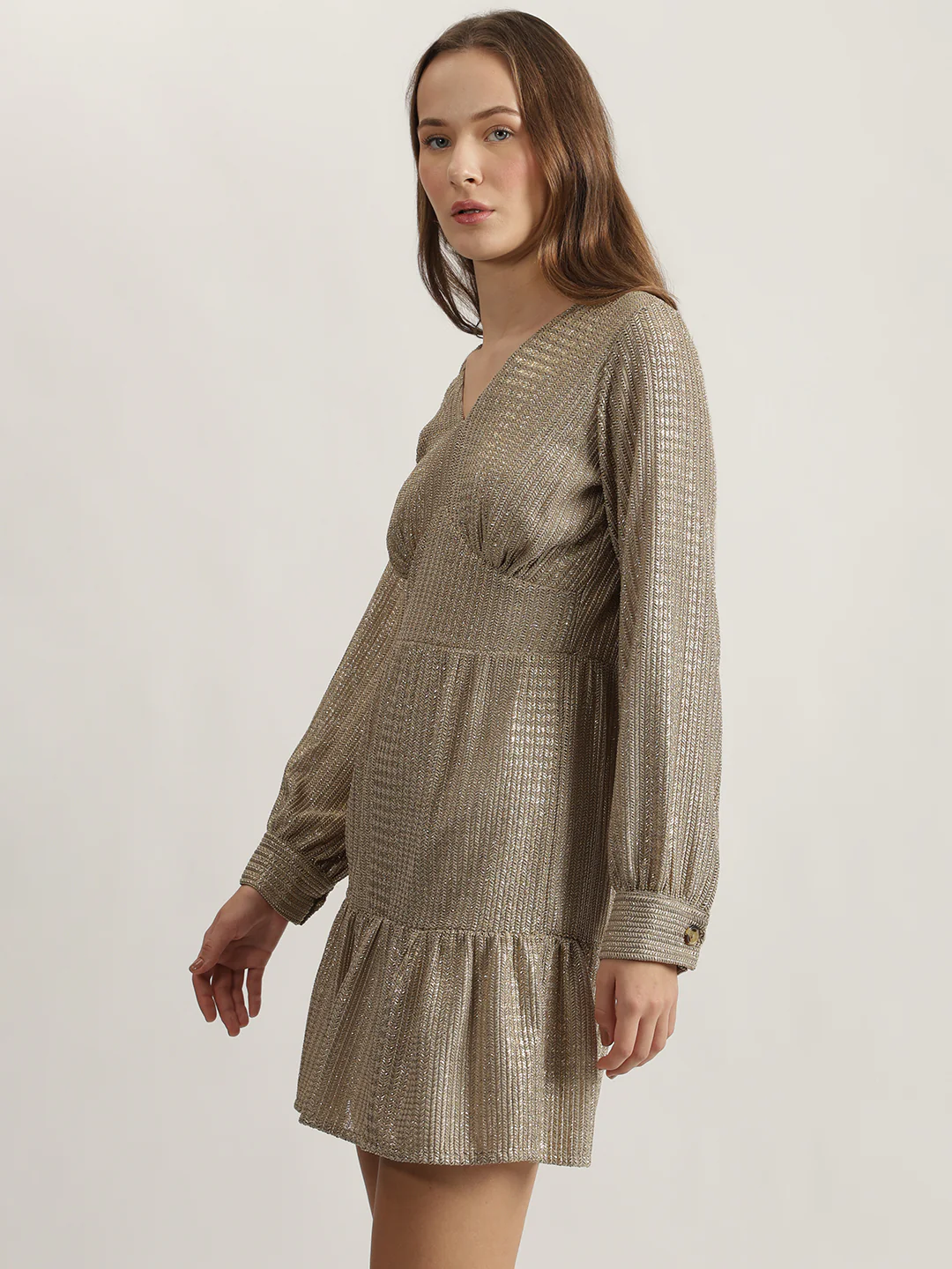 Centre Stage Women Gold Self Design V-Neck Full Sleeves Tiered A-Line Dress - Image 2