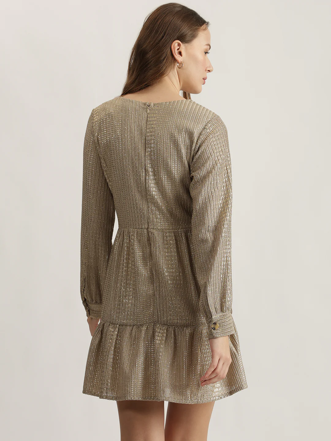 Centre Stage Women Gold Self Design V-Neck Full Sleeves Tiered A-Line Dress - Image 3