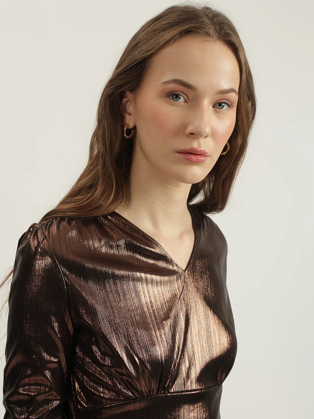 Centrestage Women Copper Solid V-Neck Full Sleeves Bodycon Dress - Image 4