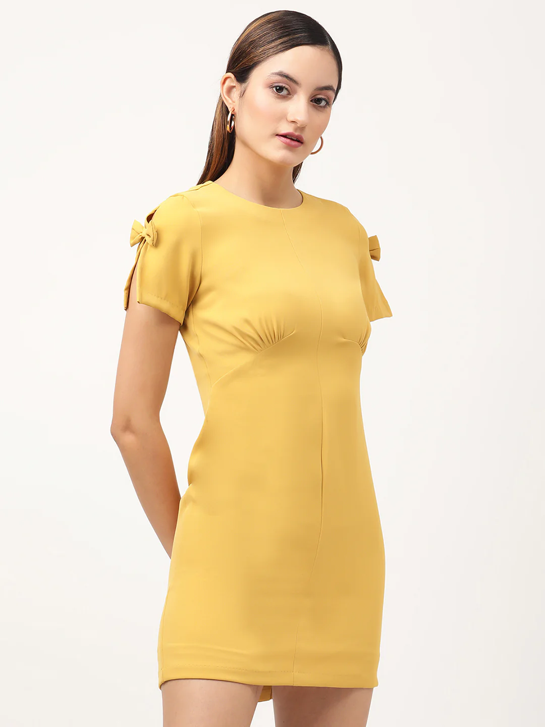 Centre Stage Women Yellow Solid Round Neck Dress - Image 4