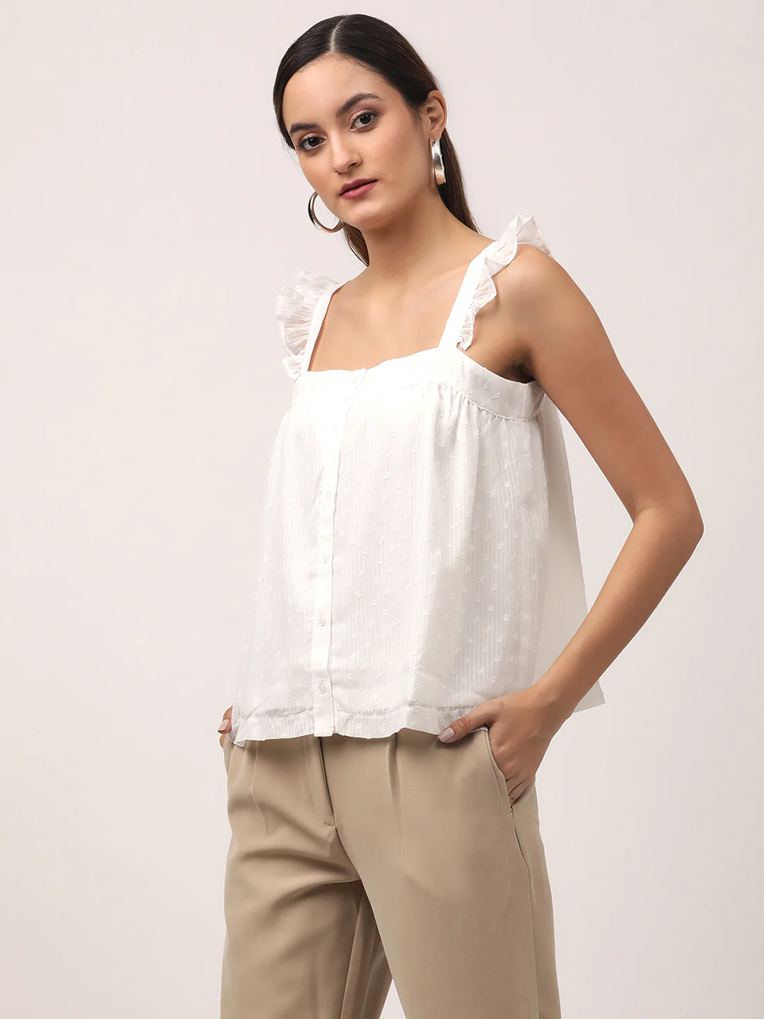 Centre Stage Women Off White Solid Square Neck Top - Image 3