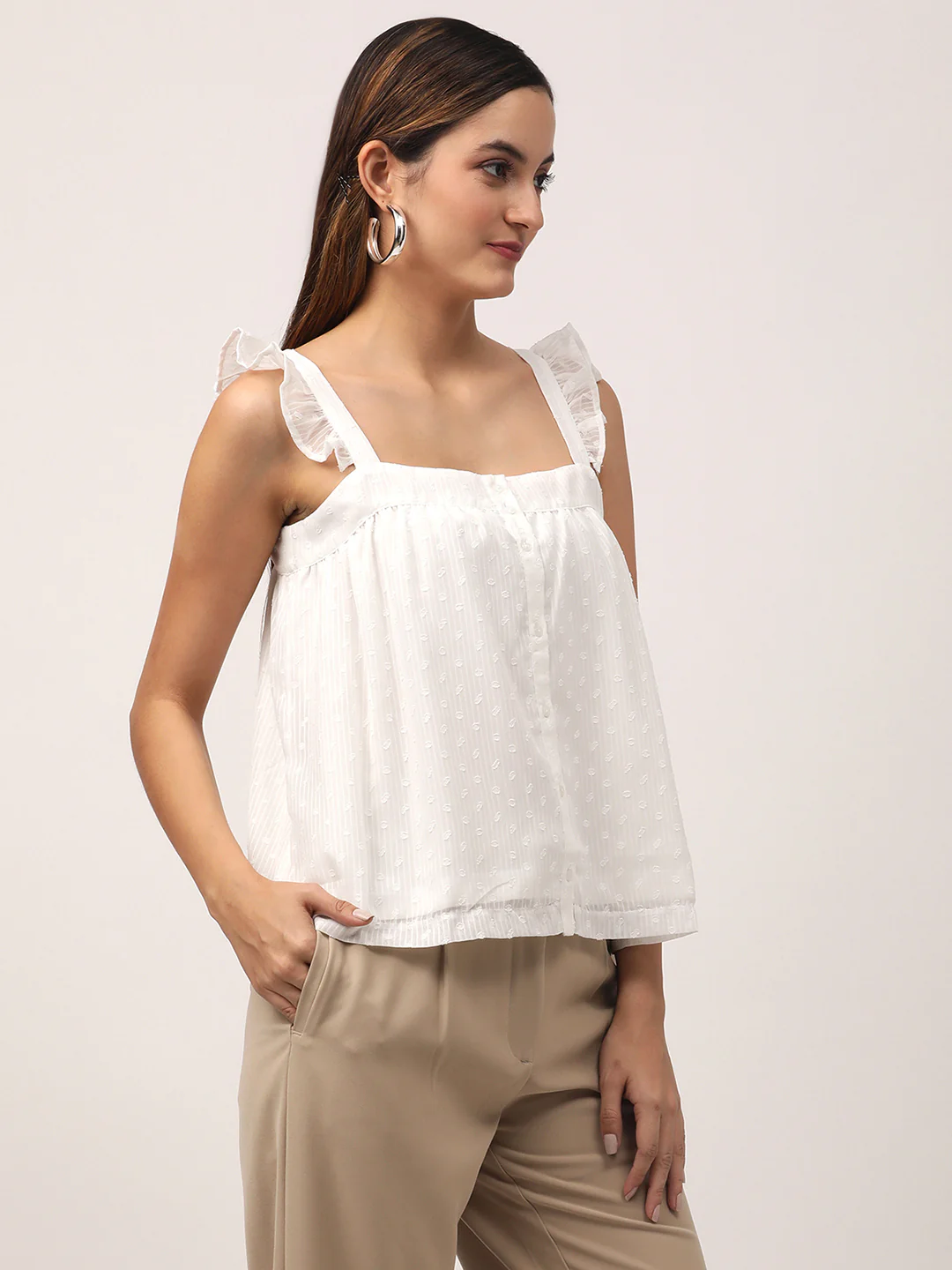 Centre Stage Women Off White Solid Square Neck Top - Image 4
