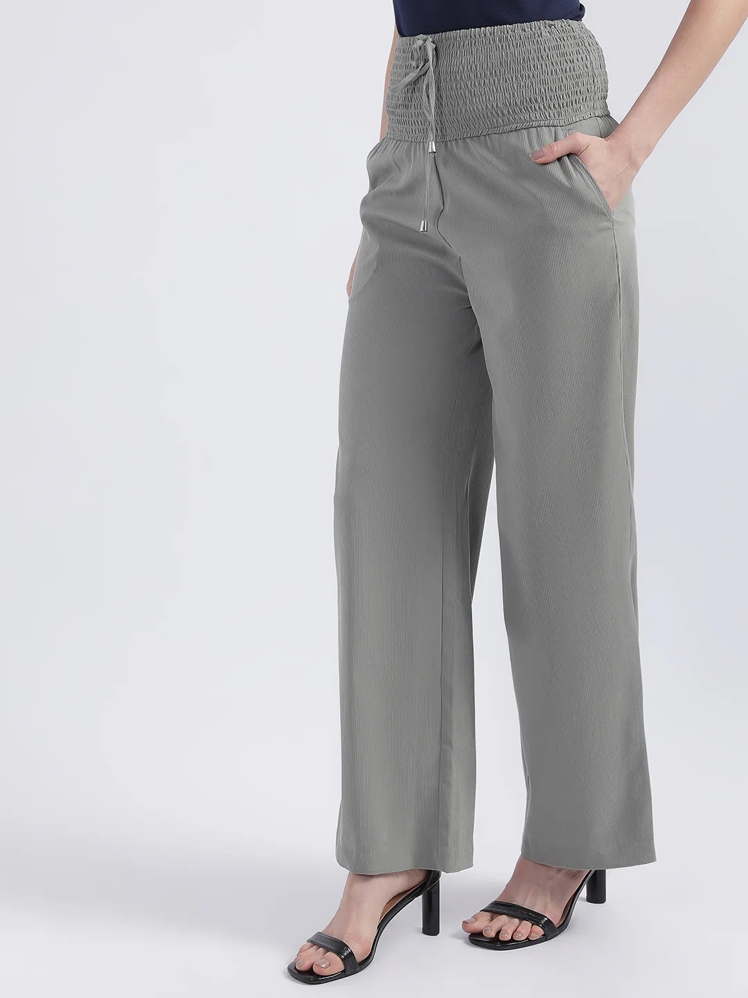 Centre Stage Women Sage Green Self-Design Flared Trouser - Image 2