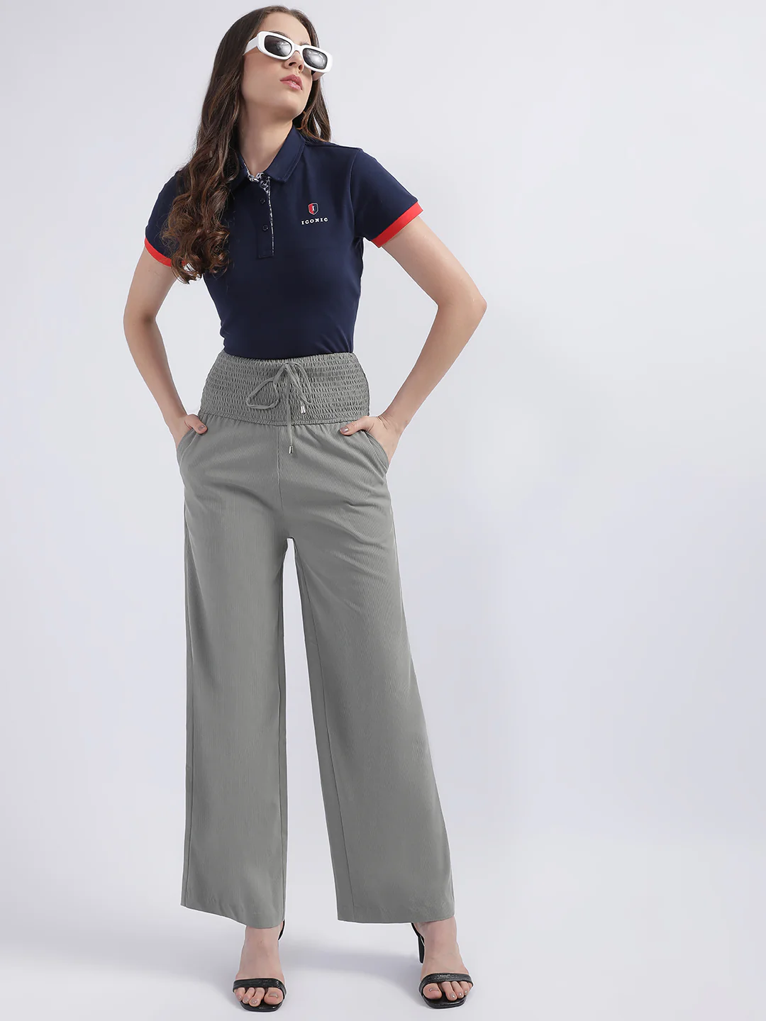Centre Stage Women Sage Green Self-Design Flared Trouser - Image 4
