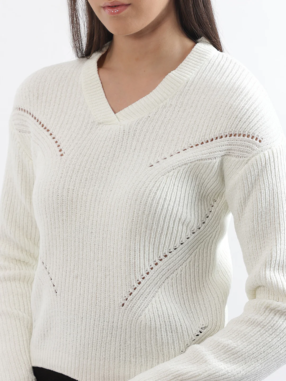 Centre Stage Women Cream Printed V Neck Sweater - Image 5