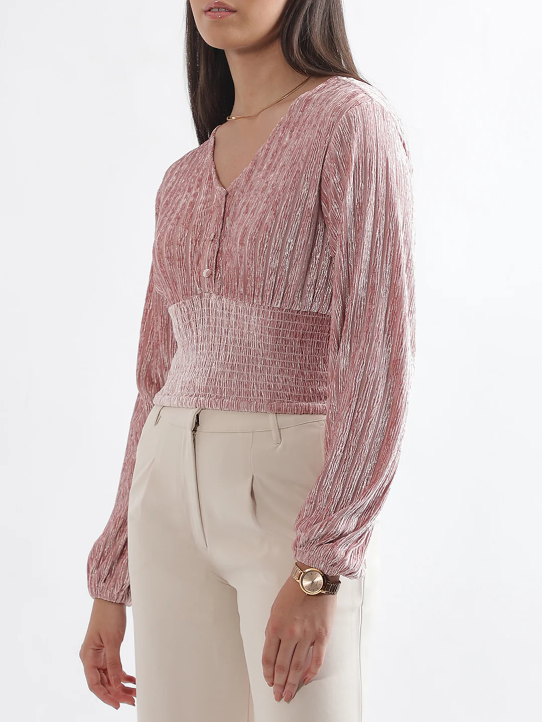 Centre Stage Women Peach Solid V Neck Top - Image 2