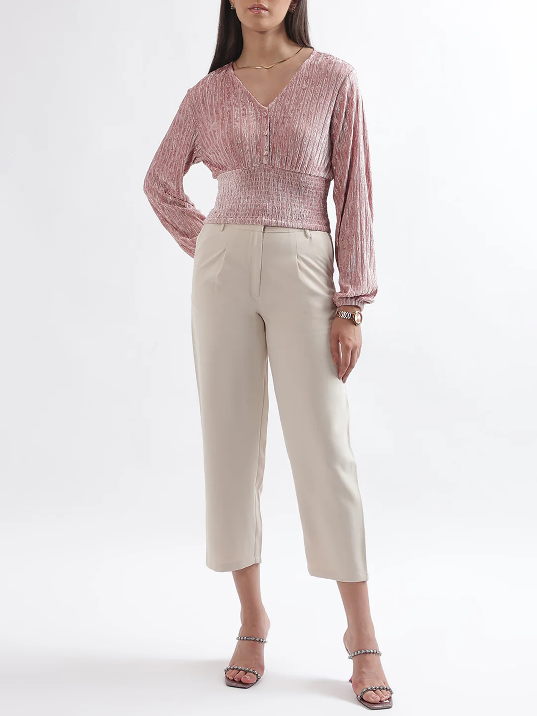 Centre Stage Women Peach Solid V Neck Top - Image 4