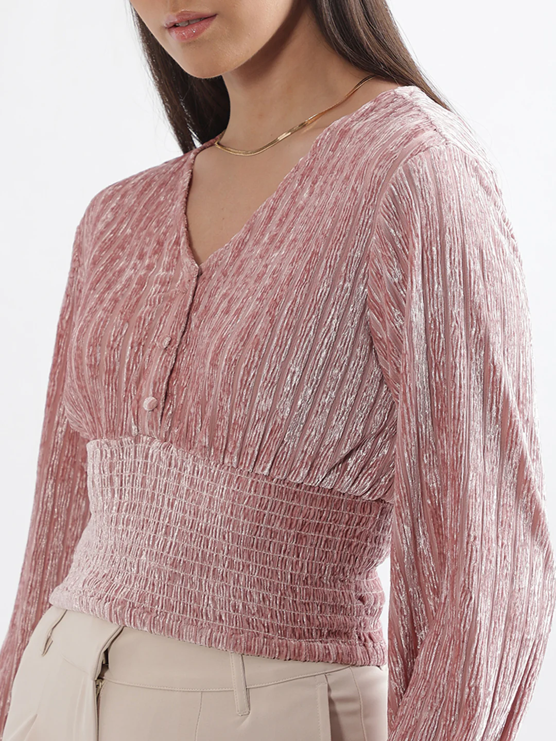Centre Stage Women Peach Solid V Neck Top - Image 5