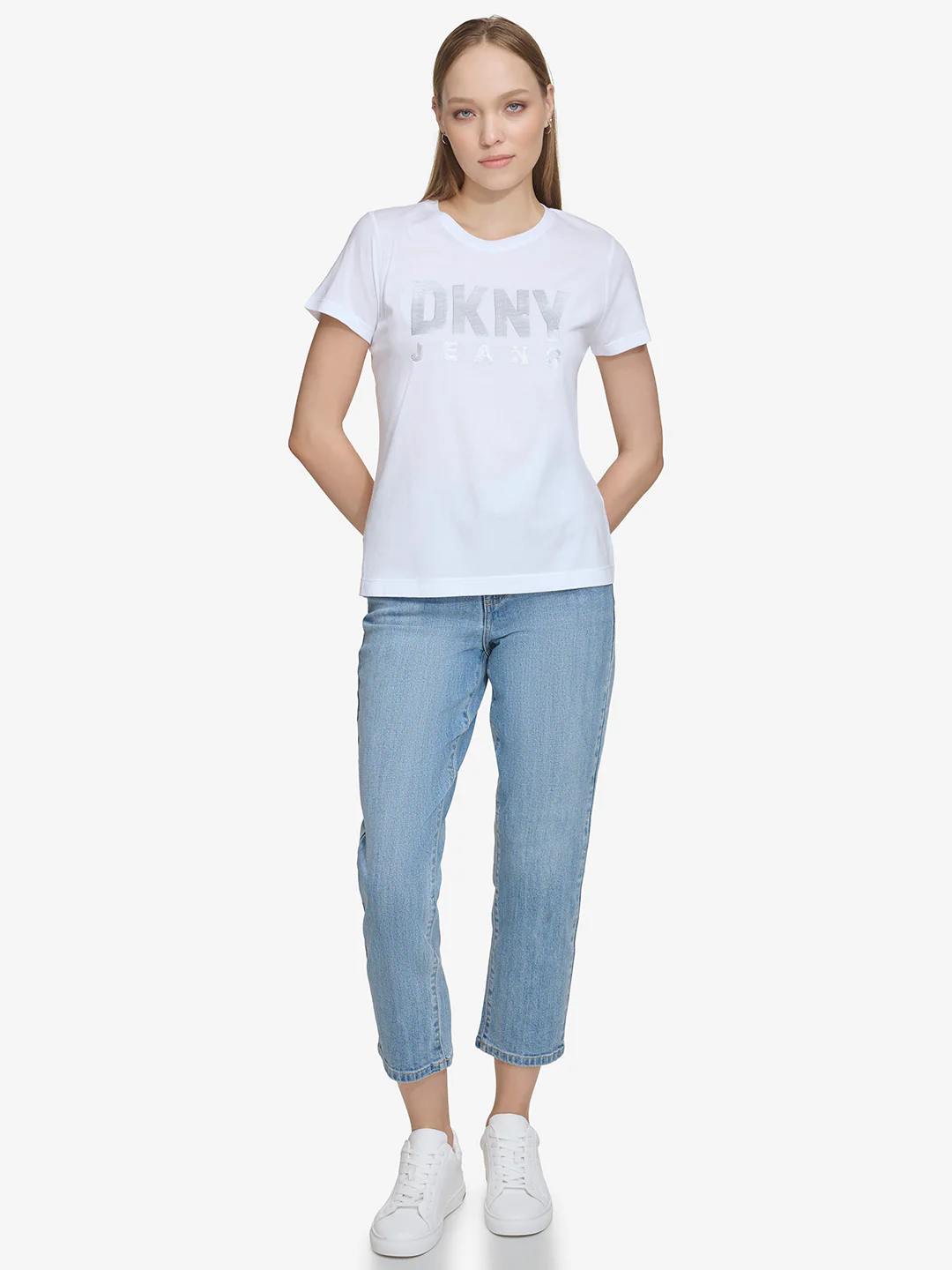DKNY Women White Printed Round Neck Short Sleeves Tshirt - Image 3