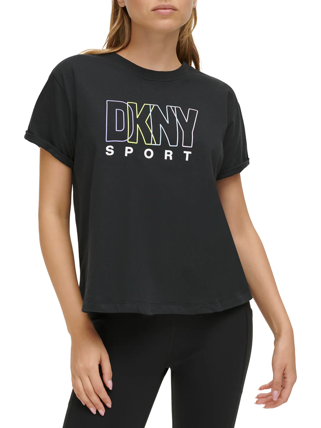 DKNY Women Black Printed Round Neck Short Sleeves Tshirt